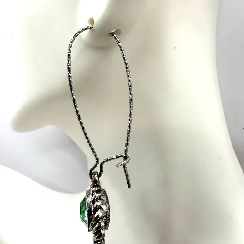 Silver tone green crystal dangling earrings